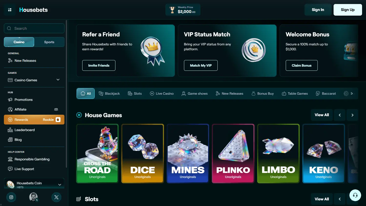 Inside the Housebets Casino: Game Categories and Playing Formats image 1